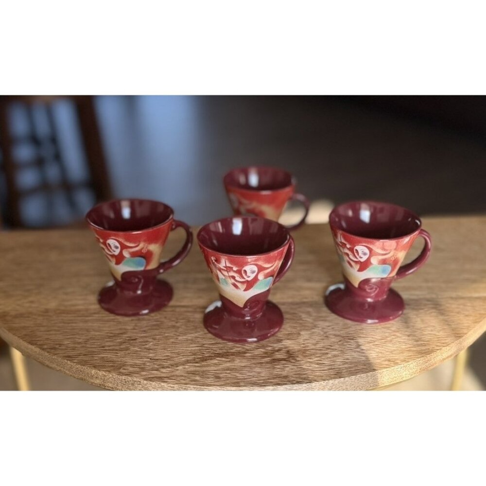 Jazzy Jesters Liqueur Expresso Cup, 4 Burgundy Joker Mugs Linda Frichtel 1999 3"